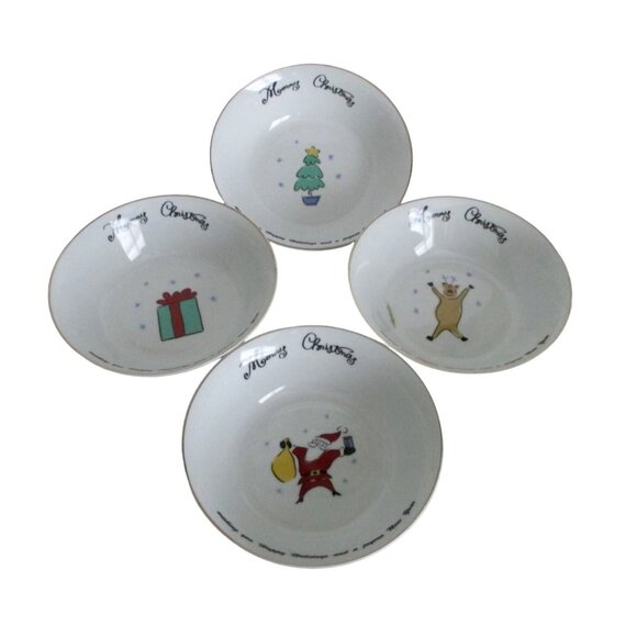 4 Merry Brite Merry Christmas Soup Cereal Bowls - Reindeer Santa Tree Gift - Picture 1 of 9